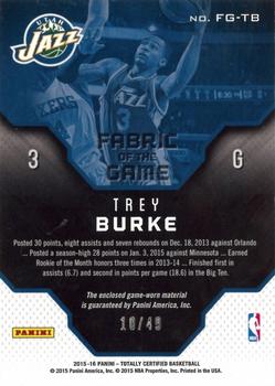 2015-16 Panini Totally Certified - Fabric of the Game Materials Blue #FG-TB Trey Burke Back