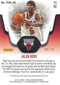 2015-16 Panini Totally Certified - Totally Certified Materials Gold #TCM-JR Jalen Rose Back
