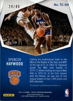 2015-16 Panini Totally Certified - Totally Certified Signatures #TC-SH Spencer Haywood Back