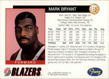 1992-93 Franz Portland Trail Blazers #8 Mark Bryant Back