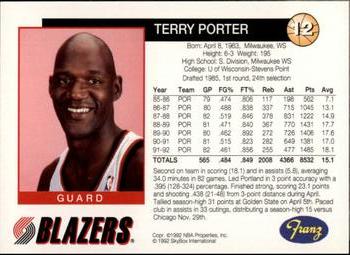 1992-93 Franz Portland Trail Blazers #12 Terry Porter Back