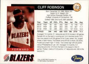1992-93 Franz Portland Trail Blazers #13 Cliff Robinson Back