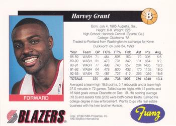 1993-94 Franz Portland Trail Blazers #8 Harvey Grant Back