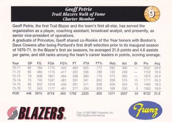1993-94 Franz Portland Trail Blazers #9 Geoff Petrie Back