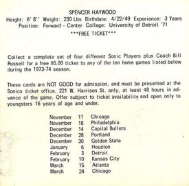 1973-74 Shur-Fresh Seattle SuperSonics #6 Spencer Haywood Back