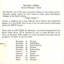 1973-74 Shur-Fresh Seattle SuperSonics #7 Bill Russell Back
