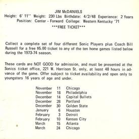 1973-74 Shur-Fresh Seattle SuperSonics #8 Jim McDaniels Back