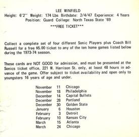 1973-74 Shur-Fresh Seattle SuperSonics #12 Lee Winfield Back