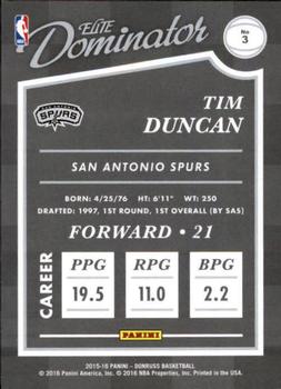 2015-16 Donruss - Elite Dominator Veterans #3 Tim Duncan Back