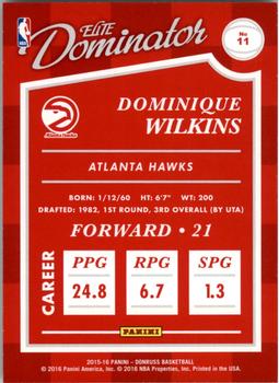 2015-16 Donruss - Elite Dominator Hall #11 Dominique Wilkins Back