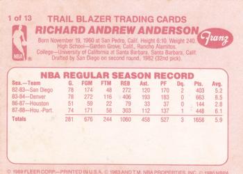 1988-89 Fleer Franz Portland Trail Blazers #1 Richard Anderson Back