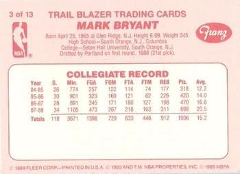1988-89 Fleer Franz Portland Trail Blazers #3 Mark Bryant Back