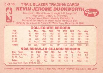 1988-89 Fleer Franz Portland Trail Blazers #5 Kevin Duckworth Back
