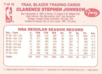 1988-89 Fleer Franz Portland Trail Blazers #7 Steve Johnson Back