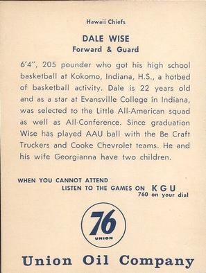 1961 Union Oil Hawaii Chiefs #NNO Dale Wise Back