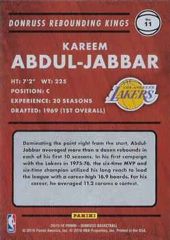 2015-16 Donruss - Rebounding Kings #11 Kareem Abdul-Jabbar Back