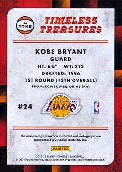 2015-16 Donruss - Timeless Treasures Prime #TT-KB Kobe Bryant Back