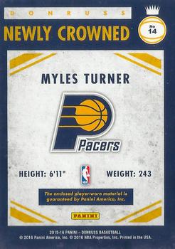 2015-16 Donruss - Newly Crowned #14 Myles Turner Back