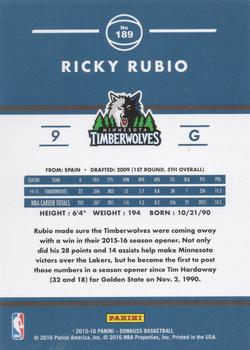 2015-16 Donruss - Statline Assists #189 Ricky Rubio Back
