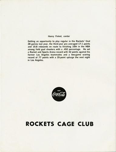 1969-70 Coca-Cola San Diego Rockets #NNO Henry Finkel Back