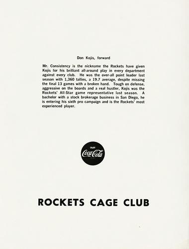 1969-70 Coca-Cola San Diego Rockets #NNO Don Kojis Back