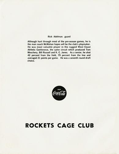1969-70 Coca-Cola San Diego Rockets #NNO Rick Adelman Back