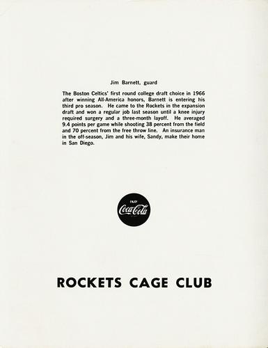1969-70 Coca-Cola San Diego Rockets #NNO Jim Barnett Back