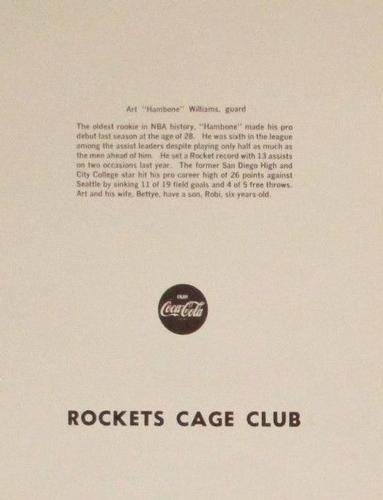 1969-70 Coca-Cola San Diego Rockets #NNO Art Williams Back