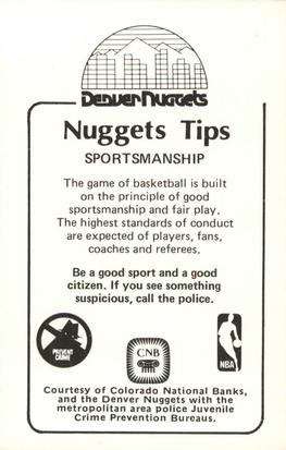 1982-83 Denver Nuggets Police #NNO James Ray Back