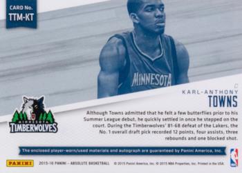 2015-16 Panini Absolute - Tools of the Trade Rookie Autograph Materials Prime #1 Karl-Anthony Towns Back