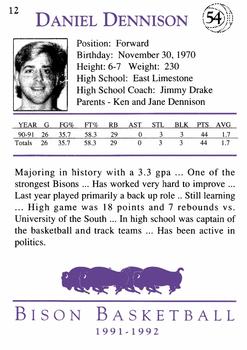 1991-92 David Lipscomb University Bison #12 Daniel Dennison Back