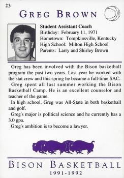 1991-92 David Lipscomb University Bison #23 Greg Brown Back