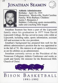1991-92 David Lipscomb University Bison #27 Jonathan Seamon Back