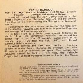 1971-72 Sunbeam Bread Seattle SuperSonics #3 Spencer Haywood Back