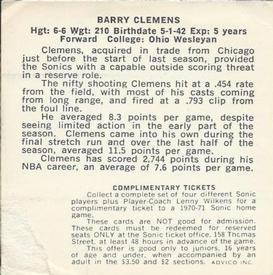 1970-71 Sunbeam Bread Seattle SuperSonics #NNO Barry Clemens Back
