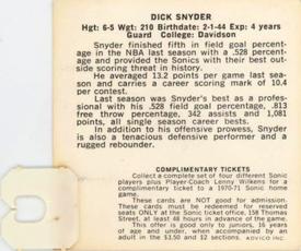 1970-71 Sunbeam Bread Seattle SuperSonics #NNO Dick Snyder Back