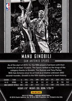2015-16 Panini Threads #64 Manu Ginobili Back