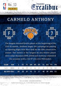 2015-16 Panini Excalibur #13 Carmelo Anthony Back