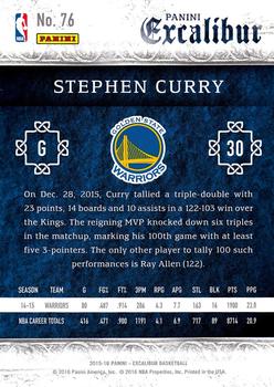 2015-16 Panini Excalibur #76 Stephen Curry Back