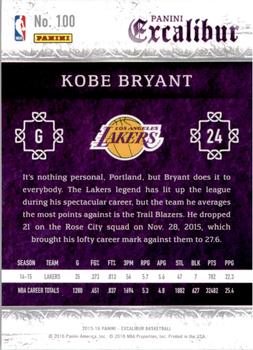 2015-16 Panini Excalibur #100 Kobe Bryant Back