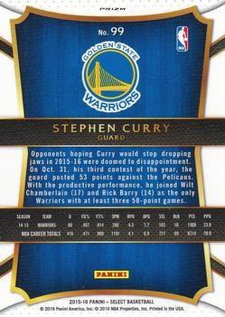 2015-16 Panini Select - Silver Prizms #99 Stephen Curry Back