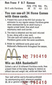 1971-72 McDonalds Miami Floridians #NNO Ron Franz Back