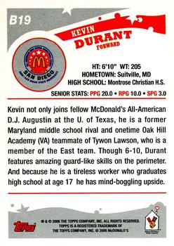 2006 Topps McDonald's All-American Game #B19 Kevin Durant Back