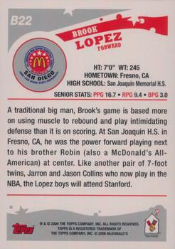 2006 Topps McDonald's All-American Game #B22 Brook Lopez Back