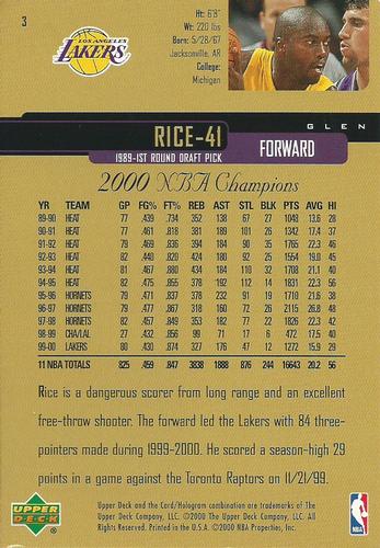 2000 Upper Deck Los Angeles Lakers Championship Jumbos #3 Glen Rice Back