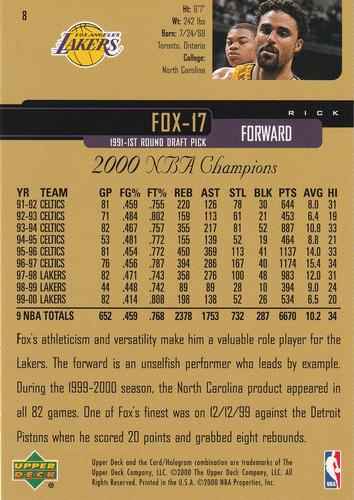 2000 Upper Deck Los Angeles Lakers Championship Jumbos #8 Rick Fox Back