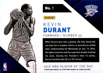 2015-16 Panini Player of the Day #1 Kevin Durant Back