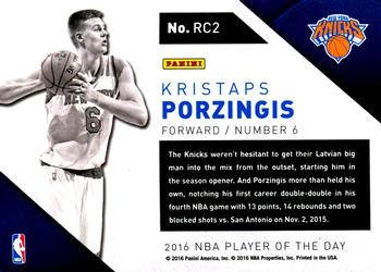 2015-16 Panini Player of the Day - Rookies #RC2 Kristaps Porzingis Back