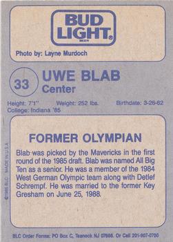 1988-89 Big League Cards Bud Light Dallas Mavericks #NNO Uwe Blab Back
