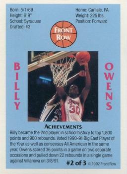 1992 Front Row Holograms #2 Billy Owens Back